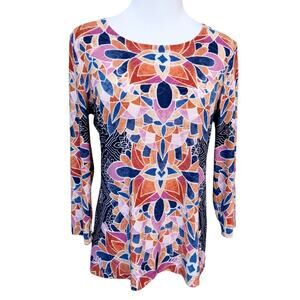 JM COLLECTION Slink Top Blouse Small Colorful Stained Glass Career Office Travel